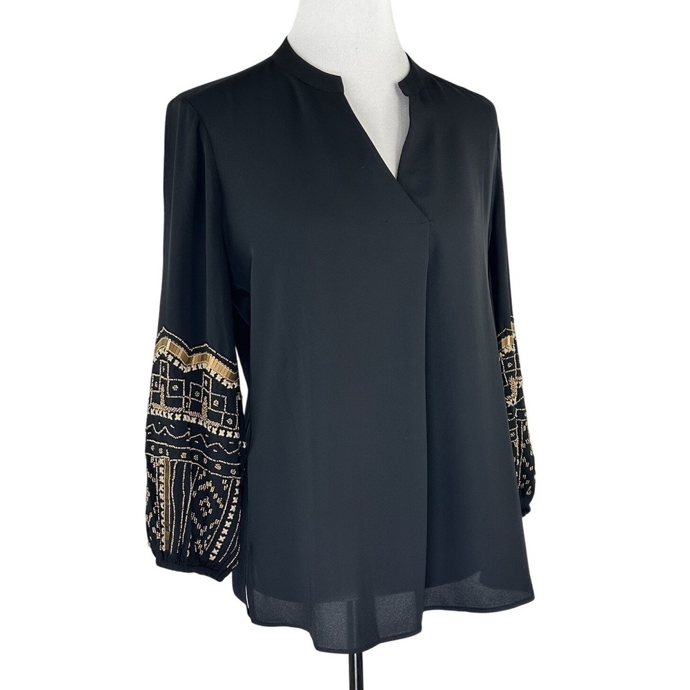 Chico's V-Neck Black Blouse Top Gold Beaded Embroidered 3/4 Balloon Sleeves 1P M